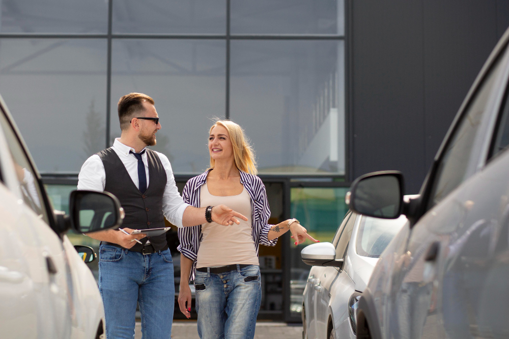 une femme avec un vendeur de voiture