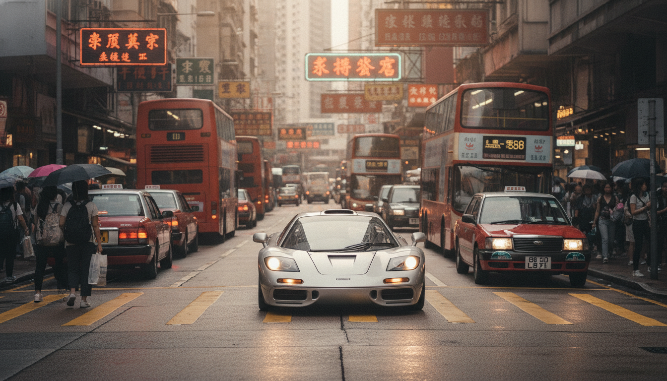 découvrez la mclaren f1 emblématique, châssis #063, en pleine action dans les rues vibrantes de hong kong. un aperçu unique d'une légende automobile en milieu urbain.